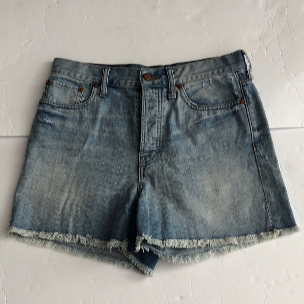 Madewell Jean Shorts Button Fly Blue Denim Distressed SZ 28